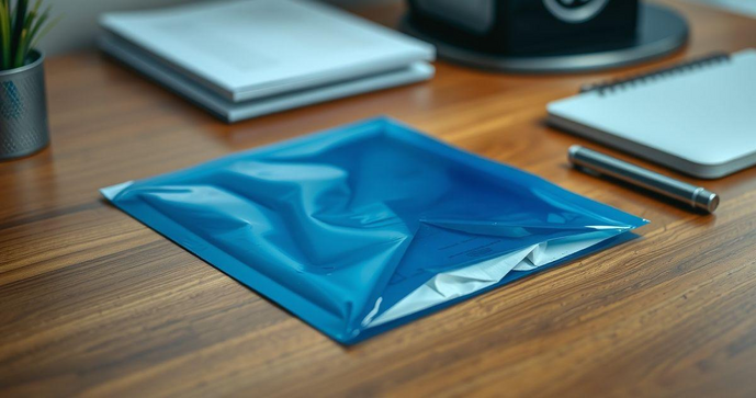 Envelope plástico transparente void azul oferece proteção e sofisticação